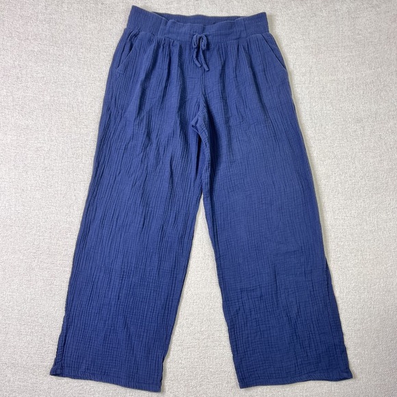 JM Collection Pants - 100% Cotton Boho Festival Barrel Gauze Wide Leg Drawstring Pant Blue Size L